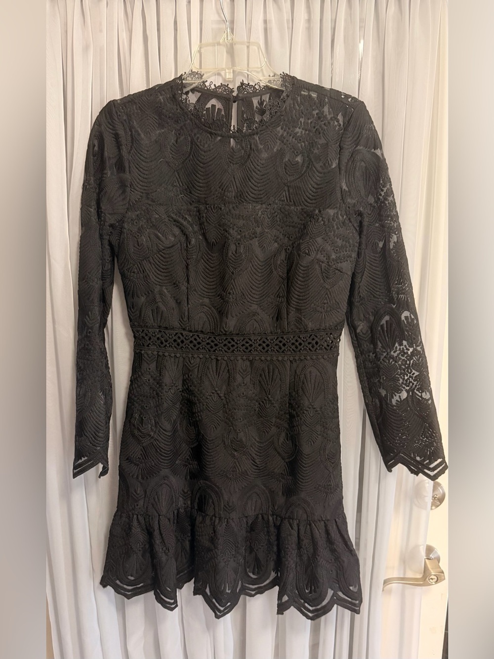 Two Sisters Black Lace Long-Sleeve Mini Dress with Crochet Waist Size 6